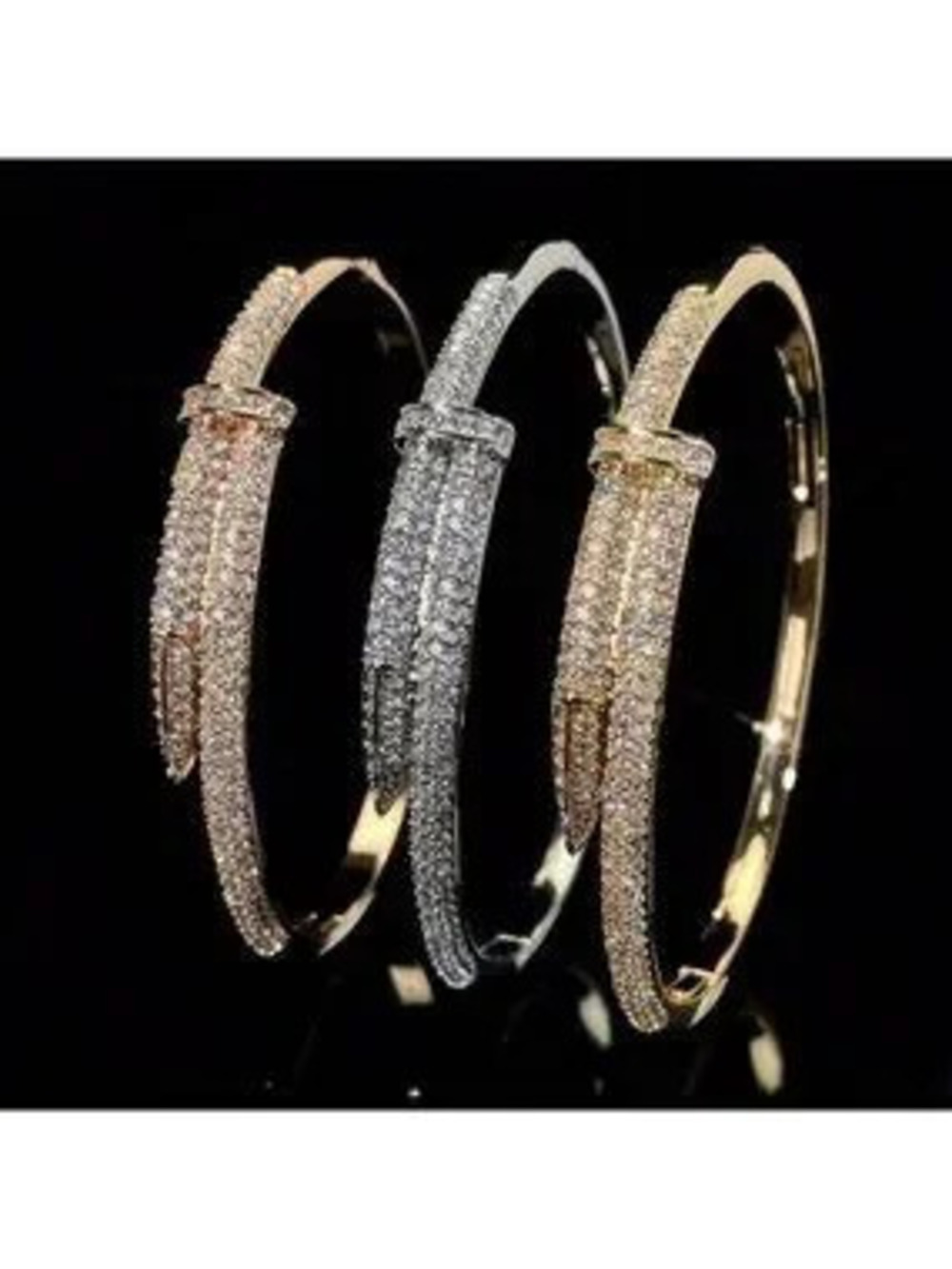 18K Rose Gold Plated Nail Bangle Bracelet with CZ Pave Luxury Statement Jewelry